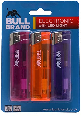 BULL BRAND - 3PK ELECTRONIC LED LIGHTERS REFILLABLE ASSORTED DESIGN LIGHTER X 3 ( ASSORTED COLOUR SEND OUT )