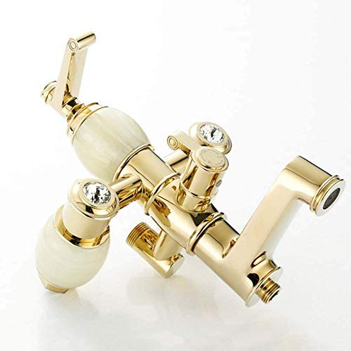 Bathroom Mixer Shower System Jade Brass Golden European Retro Paint Three Functions Shower Shower Faucet With Rainfall Shower And Handheld Shower, Adjustable Shower Set good