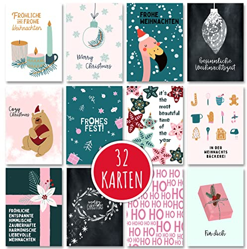 Weihnachtskarten Set (32 Stück) mit unterschiedlichen Motiven - A6 Postkarten für Weihnachten - Eine Christmas Postkarte für jeden deiner Liebsten - Coole Weihnachtspostkarten mit und ohne Sprüche