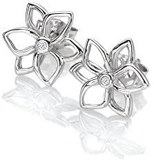 925 Sterling Silver Flower Stud Earrings for Women – Sterling Silver Studs with 2 Real Diamonds – 9mm Floral Design – Hot Diamonds Amulets Collection