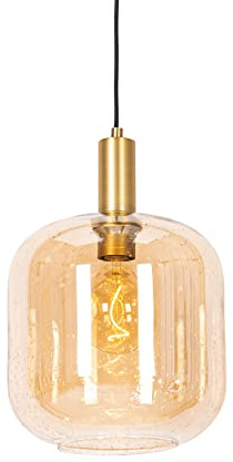 Qazqa Design Pendelleuchte, Pendellampe - Zuzanna - Messing, Gold mit Bernsteinglas, Vintage, Rund, 25cm, Ideal als Wohnzimmerlampe