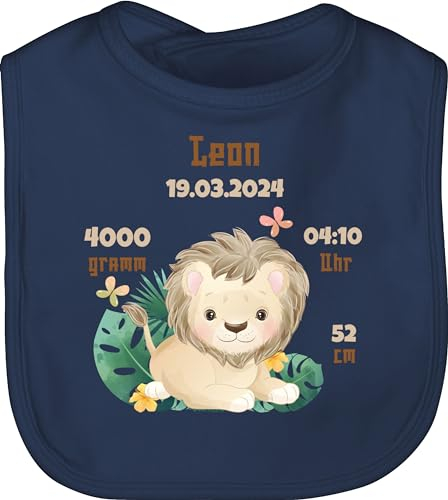 Baby Lätzchen - Zur Geburt - Geburtsgeschenk Löwe Datum Gewicht Uhrzeit Größe - Unisize - Navy Blau - junge neugeboren und zeit latz neugeborene geschenke latzchen personalisierter neugeborenes