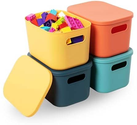 HapiLeap Storage Boxes With Lids, Stackable Plastic Storage Baskets for Shelves Kitchen Bathroom Playroom Classroom Office Nursery, 24.5x 17.5 x16cm, (Small (4 PCS))