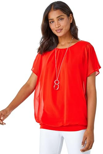 Roman Chiffon Overlay Top with Necklace for Women UK Ladies Smart Evening Blouse Fitted Stretchy Going Out Elegant Sparkly Party 3/4 Length Sleeve V-Neck Silk - Orange - Size 10