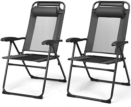 GOPLUS 2er Set Faltbare Terrassenstühle mit 7-Fach Verstellbarer Rückenlehne, Abnehmbarem Kopfkissen, Atmungsaktivem Netzrücken, Outdoor Klappstühle für Garten und Hinterhof (Grau)