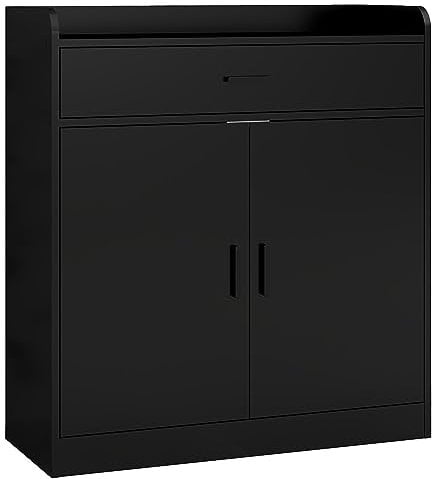 Panana Modern Wooden Shoe Cabinet, Freestanding Hallway Storage 2 Doors 1 Drawer Wall Hidden Shoe Cabinet Footwear Organizer & Stylish Wood Sideboard Unit (Black)