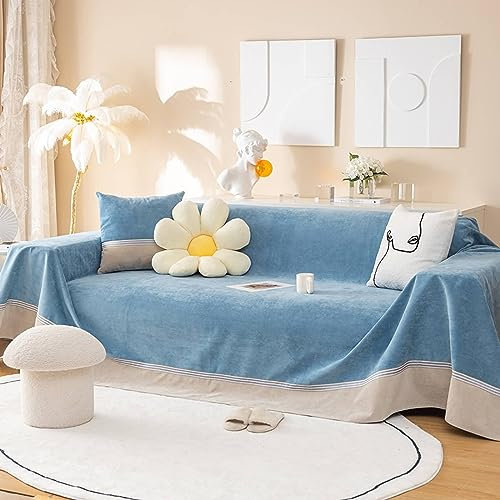 Homxi Sofaüberwurf 4Sitzer,200x400CM,Couch Überzug Einfarbig mit Streifen Überwürfe für Sofa Polyester Sofa Handtuch Blau Couch Überzug