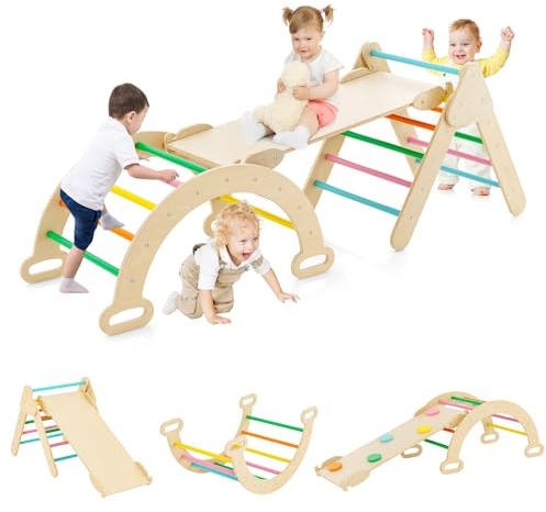 DREAMADE Montessori Kletterdreieck mit Kletterbogen und Rutsche, Holzdreieck für Kleinkinder ab 1 Jahre, Kletterspielzeug, Indoor Klettergerüst Rutschen und Klettern (Bunt)