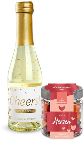 2er-Set Gold Secco Cheers! und Fruchtgummi Von Herzen | Bundle zum Verschenken | Geschenk für Hochzeit, Geburtstag oder Valentinstag | Geschenk für Freundin | Prosecco mit Gold | Gummibärchen 120g