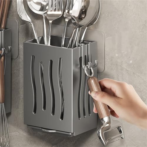Cutlery Holder, Wall Mounted Kitchen Drying Rack Cutlery Holder Storage Boxes with Drip Tray for Kitchens (Grey)
