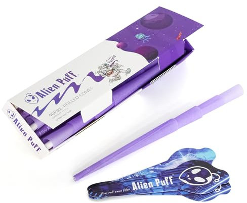 Alien-Puff 40 Packs Große Konisch Vorgedrehte Hülsen, Color Pre Rolled Cones, (King Size 110 mm Papiers Cones) Long Papiers, Mit Spitzen & Packschläuchen Enthalten Langsam Brennend und Ultradünn