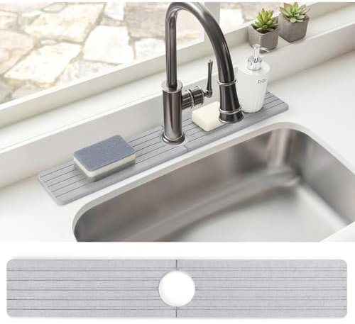 Bourske Wasserhahnschutz Abtropfmatte Kieselgur Schnelltrocknende Stein Wasserhahn Matte Wasserhahn Spritzschutz für Küche und Bad Countertop Protect 60*10cm (Hellgrau)