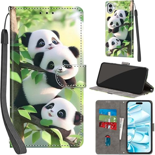 PHINIENLAND Wallet Flip Case for iPhone 16 Plus Leather Pandas | 3 Card Slots & 1 Cash Pocket, Magnetic Closure, Kickstand, Premium PU Leather flip cover for iPhone 16 Plus