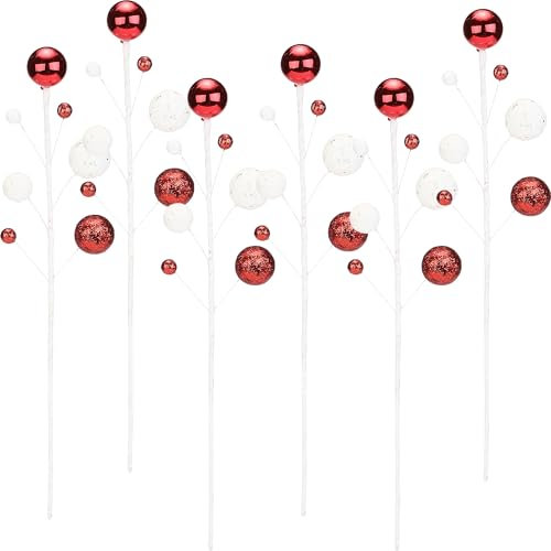 Sea Team 6er-Pack dekorativer Weihnachtsbaumzweige, Kugelbaumzweige, Baumspitzen, Vasenfüller, Stängel und Picks für Weihnachtsbaum, Kranz, Girlande, 15 Zoll.Rot & Weiß