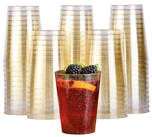 MATANA 50 Gobelets Réutilisables en Plastique Dur avec Paillettes Dorées (285ml/10oz) – Verres Solides et Lavables pour Boissons, Desserts, Anniversaires, Mariages, Noël, Fêtes