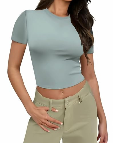 Weardear Sportshirt Damen Laufshirt Atmungsaktiv Gym Oberteile Fitness Tops Rundhals Crop Top Slim Fit Kurz T-Shirt Sommer Elastisch Kurzarmshirt Grau Blau S