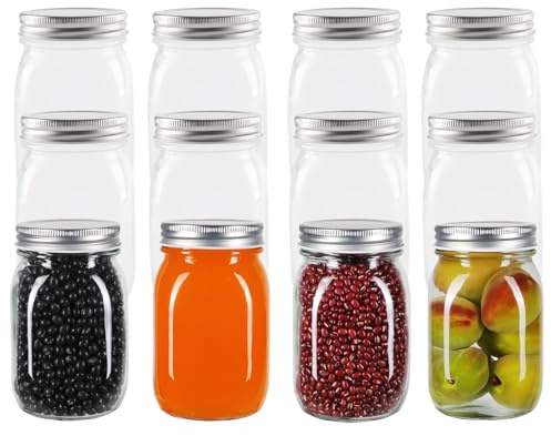 Hniuyun 12 Pack Glass Regular Mouth Mason Jars, Clear Glass Jars with Silver Metal Lids for Sealing, Food Storage, Overnight Oats, Dry Food, Snacks, Candies, DIY Projects (16 oz)