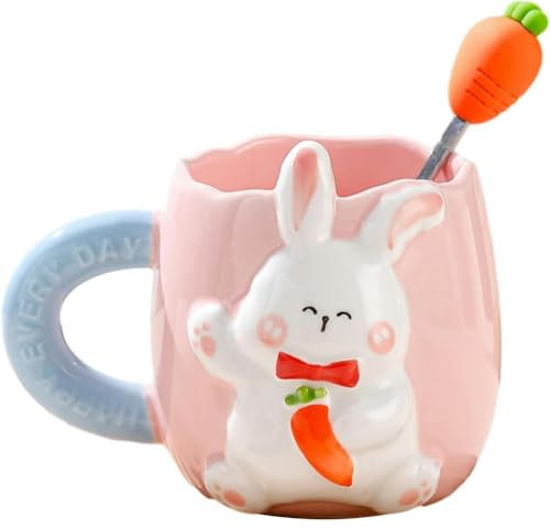 Huiyiwert Süße Keramik Kaffeetasse,3D Cartoon Häschen Tasse mit Karotte Löffel Porzellan Kaffeebecher Teetasse cute Kaninchen Milchbecher für Geburtstag Ostern Nuejahr (Rosa)