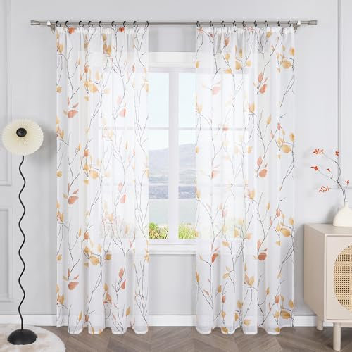 SCHOAL Gardinenschal mit Kräuselband Transparent Vorhang Gardine mit Blätter Muster Bedruckt Fensterschal für Wohnzimmer und Schlafzimmer 1 Stück BxH 140x260cm Orange