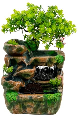 mini Zimmerbrunnen Wasserfall,18x15x30 cm Kunstharz Tischbrunnen Wasserfall mit LED Beleuchtung & Grüner Pflanze, Indoor Fountain Deko für Wohnzimmer & Büro