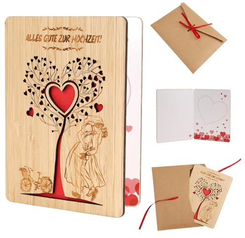 Sahunfri Hochzeitskarte Holz mit Umschlag, 10x15 cm Glückwunschkarte Hochzeit, Holz Herz Karte Hochzeit für Geschenk Brautpaar