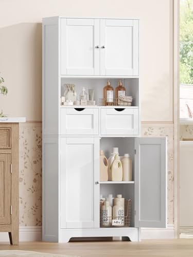 TEENFON 147cm Armario de Baño con 2 Cajones y 4 Puertas, Mueble Baño Doble Cajón, Gran Capacidad Almacenaje y Organización, 30 x 60 x 147 cm, Blanco