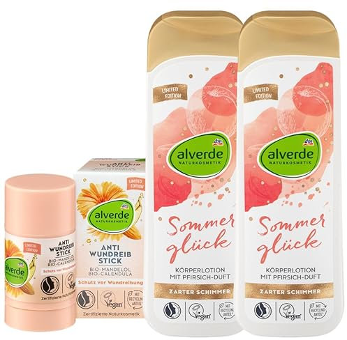 alverde NATURKOSMETIK 3er-Set Hautpflege: ANTI-WUNDREIBSTICK gegen Hautirritationen & Wundreibung mit Mandelöl Calendula Kamille, 25 g + Schimmerlotion SOMMERGLÜCK Pfirsich-Duft, 2 x 250 ml (500 ml)
