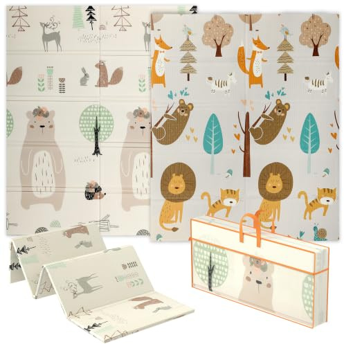 AIYAPLAY Baby Play Mat Foldable 177 x 146 x 1.5cm Animal Theme | Double Sided, Reversible Activity Playmat, Waterproof Kids Foam Crawling Mat, for Outdoor Indoor Picnics