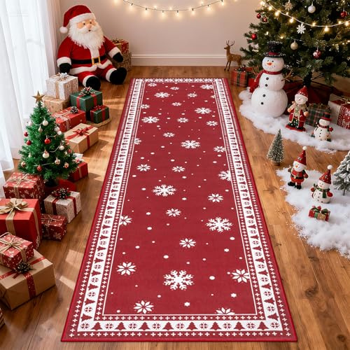 Enyhom Weihnachtsteppich Läufer 80 x 300cm Lang Korridor Teppich Flur rutschfest Weihnachten Küchenteppich Hochwertig rutschfest Flur Eingangsbereich für Küchen Wohnzimmer Schlafzimmer