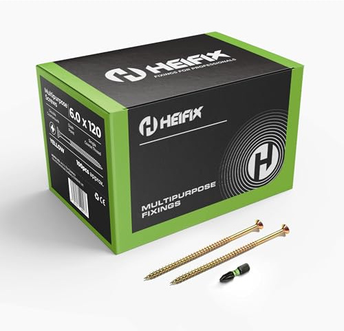 Heifix Multi-Purpose Pozi Wood Screws - 6 x 120mm, 200 QTY, FREE Screw Bit | Multi-purpose Wood Screws For Timber, DIY And General Fixing. Double Countersunk Pozi Design With FREE Matching Screw Bit.