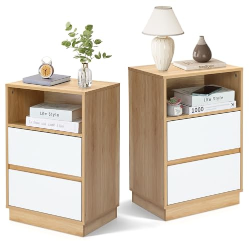 LEADZM Nachttisch 2er Set Nachttische 40x30x60 cm Eichen&Weiß | mit 1 offenem Fach und 2 Schublade, Nachtschrank für Schlafzimmer, Beistelltisch für Schlafzimmer und Wohnzimmer