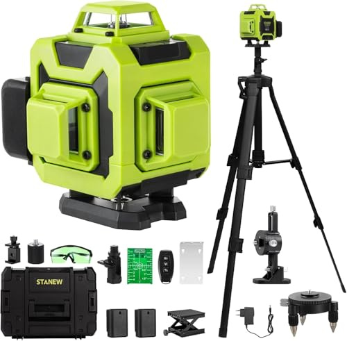 STANEW Nivel Láser Autonivelante 360 Grados, Nivel Láser Verde 16 Líneas, 2 x 360 Horizontal y 2 x 360 Verticales, 2 x Batería, Montaje en Pared, Control Remoto, Base Magnética,Incluye Trípode