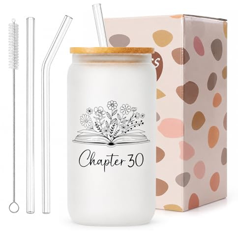 exylosluxek 30th Birthday Gifts for Women, Chapter 30 Themed Frosted Glass Tumbler 30th Cup, with Straws, Lid, Brush and Gift Box
