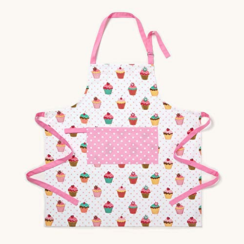 Homescapes Kochschürze Cup Cakes, rosa weiß aus 100% reiner Baumwolle Größe: 80 x 85 cm, waschbare Küchenschürze mit Bauchtasche