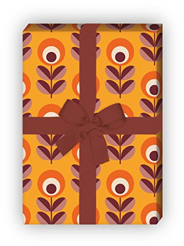 Retro Blumen Geschenkpapier im 70er Jahre Stil als edle Geschenk Verpackung und Überraschungen (4 Bogen, 32 x 48cm), orange