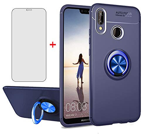 Asuwish Handyhülle für Huawei P20 Lite Hülle mit Glas Folie Schutzfolie und Silikon TPU Magnetisch Ring Ständer Hawaii P 20 P20lite 20P ANE-LX1 Nova 3E Slim Handy Hüllen Schutzhülle Phone Case Blau