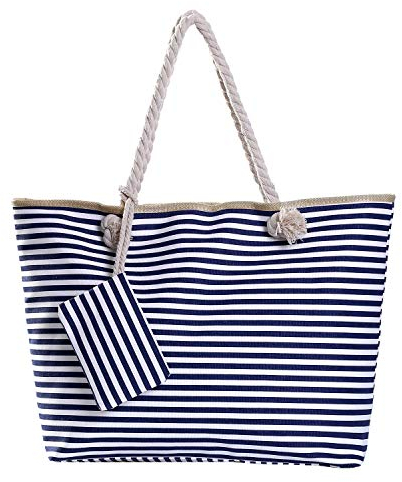 DonDon Strandtasche mit Reißverschluss, Große Strandtasche XXL, Shopper Tasche Damen - Praktische Beach bag Umhängetasche Damen Badetasche für Strand und Meer - gestreift dunkelblau weiß