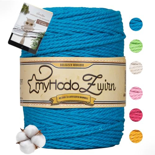 myHodo Premium Makramee Garn Blau – Oeko-TEX Baumwolle, Plastikfrei Verpackt - Ideal für DIY Projekte, Wandbehänge, Pflanzenträger (3mm x 100m)