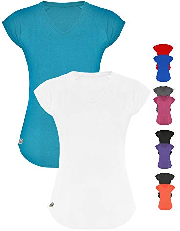 GO HEAVY Damen 2er-Pack Fitness Funktions Sport T-Shirt Laufshirt Kurzarm Schnelltrocknend | Türkis/Weiß M