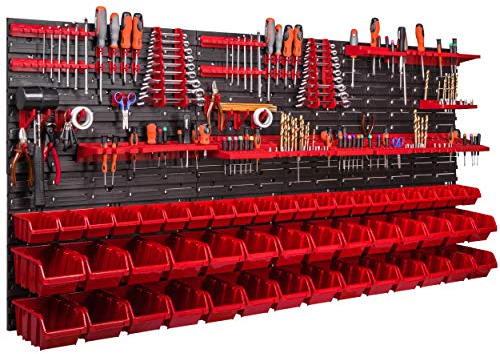 Werkzeugwand 1728 x 780 mm Stapelboxen Werkzeughalter Wandplatte Halterungsschienen Garage Lager Werkstatt Hobby (50 Boxen rot)
