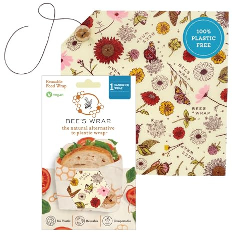 Bee's Wrap Vegan Beeswax Sandwich Wrap - Beeswax Lunch Wrap with Button & Tie - Made in USA Reusable Natural Food Wrap - Meadow Magic