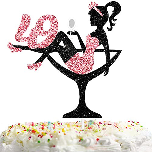 Sitting Lady Cake Topper Picks for 49th Birthday Makeup Spa Theme Party Decoration Supplies - 49 Silhouette High Heeled Girl Cake Decor Rose Gold Glitter