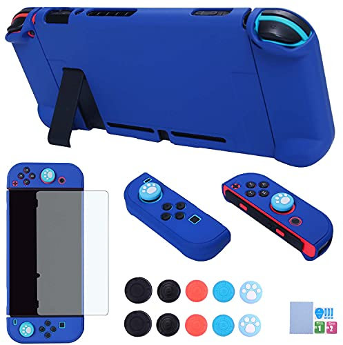 Custodia agganciabile per Nintendo Switch – COMCOOL 3 in 1 custodia protettiva per Nintendo Switch e controller Joy-Con con pellicola protettiva e impugnature per pollice, blu scuro