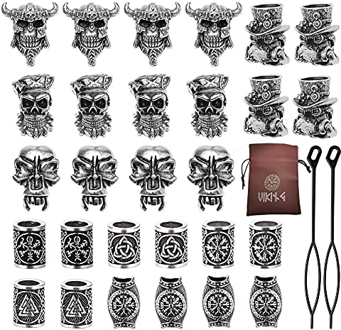WDBAYXH 28 Stück Set Wikinger Bart Perlen Piraten Schädel Haarperlenl Nordischen Keltischen Paracord Perlen Charms Lanyard Zubehör Haarschlauch Perlen DIY Armband Anhänger Halskette Schmuck