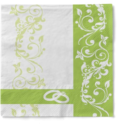 Sovie HORECA Serviette HOCHZEIT in GRÜN aus 3-lagigem Tissue, 33 x 33 cm, 100 Stück – romantische Papierservietten mit Ornamentranken & Eheringe-Motiv