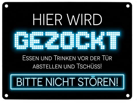 Hier wird gezockt Metallschild in 15x20 cm für Gamer in blau lustige Geschenkidee für Jungen und Mädchen die Computerspiele lieben und am liebsten den ganzen Tag zocken würden