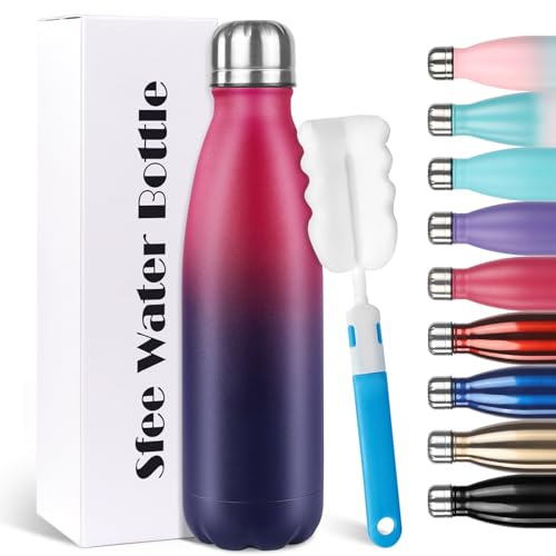 Sfee Insulated Water Bottle, 17oz Stainless Steel Water Bottles, Double Wall Vacuum Reusable Water Bottles Leak Proof BPA-FREE Sports Bottle Cup Keep Hot&Cold for Running Gym Cycling Kids(DRed)