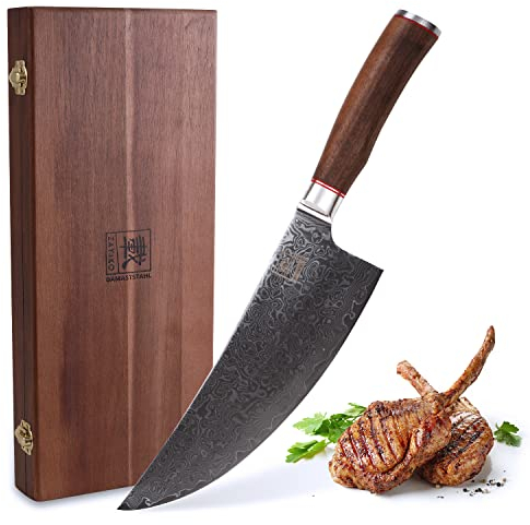 zayiko Kurumi Premium Kochmesser mit 19,5 cm Klinge gefertigt aus 67 Lagen echtem Damaststahl mit Nussbaumgriff I Holzbox I Damastmesser Küchenmesser und Profi Kochmesser