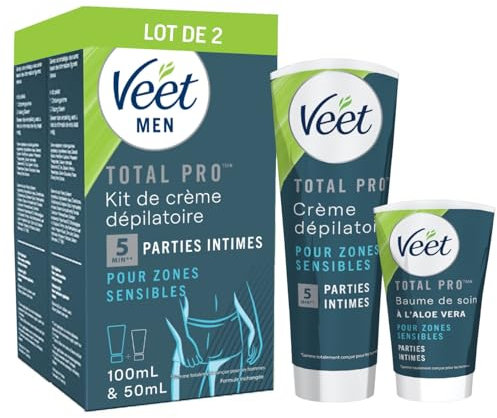VEET FOR MEN Haarentfernungs-Set, Intimzonen, 2 Enthaarungscremes 100 ml und 2 Pflegebalsame, 50 ml, für empfindliche Haut