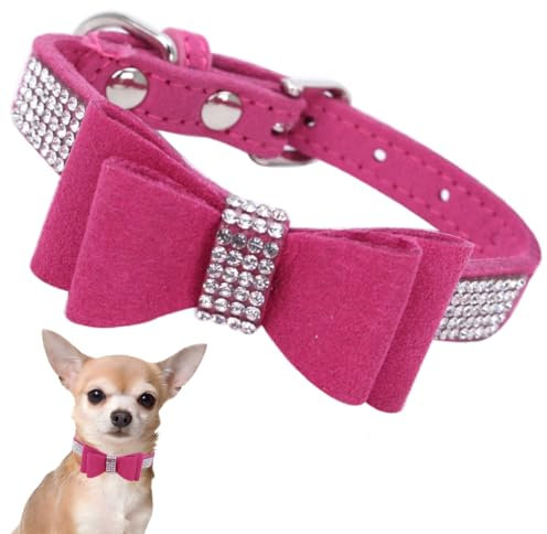 Collier pour Petit Chien Chiot et Chat Chaton avec Nœud Papillon Paillette Strass Luxe Diamant Cristal Princesse Fantaisie - Rose foncé XS